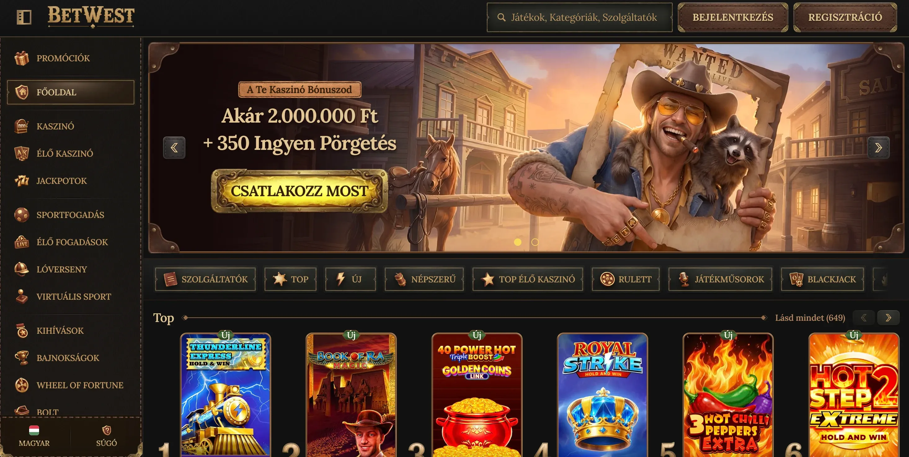 A BetWest casino honlapja